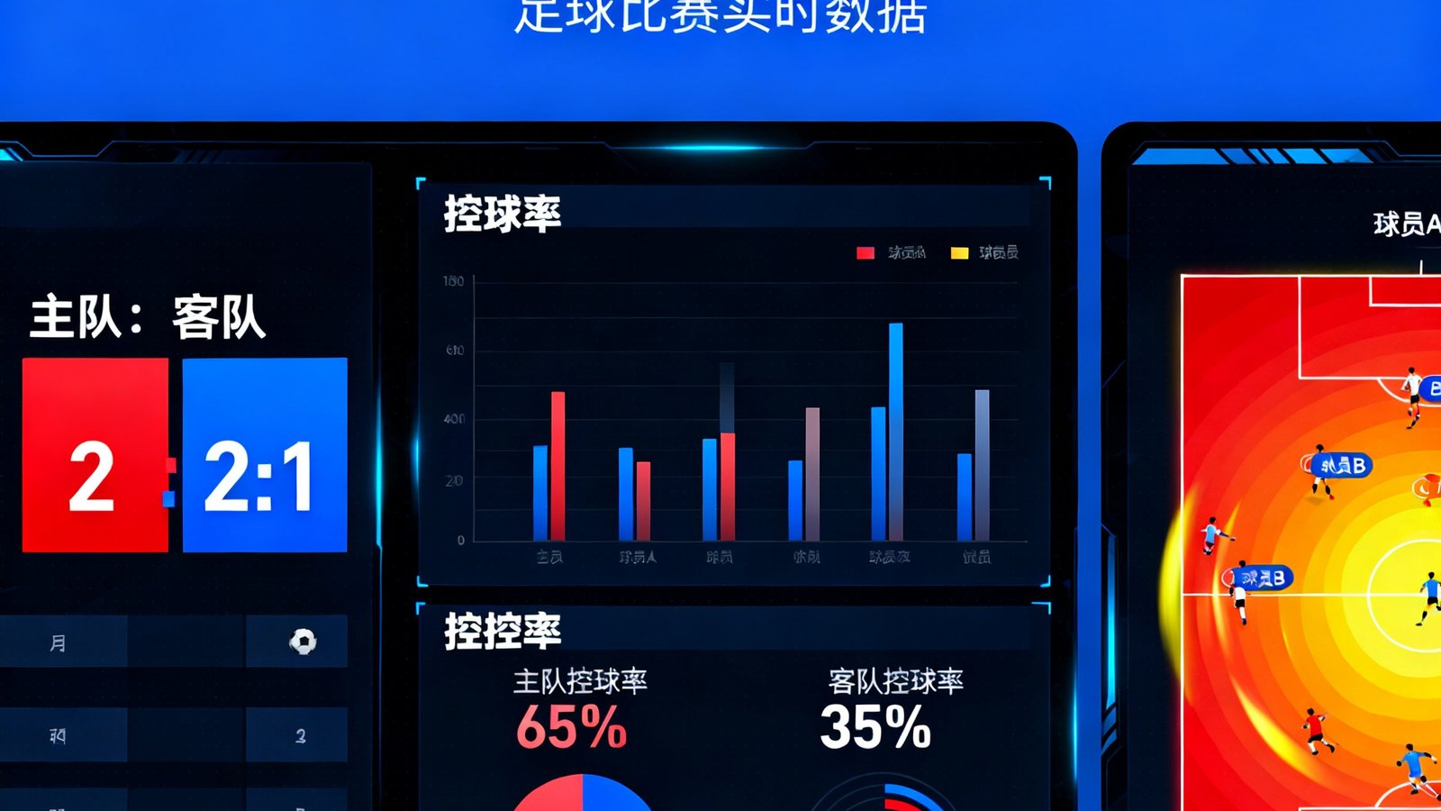 风行体育赛事数据大屏展示足球比赛实时比分、控球率与球员跑动热区图